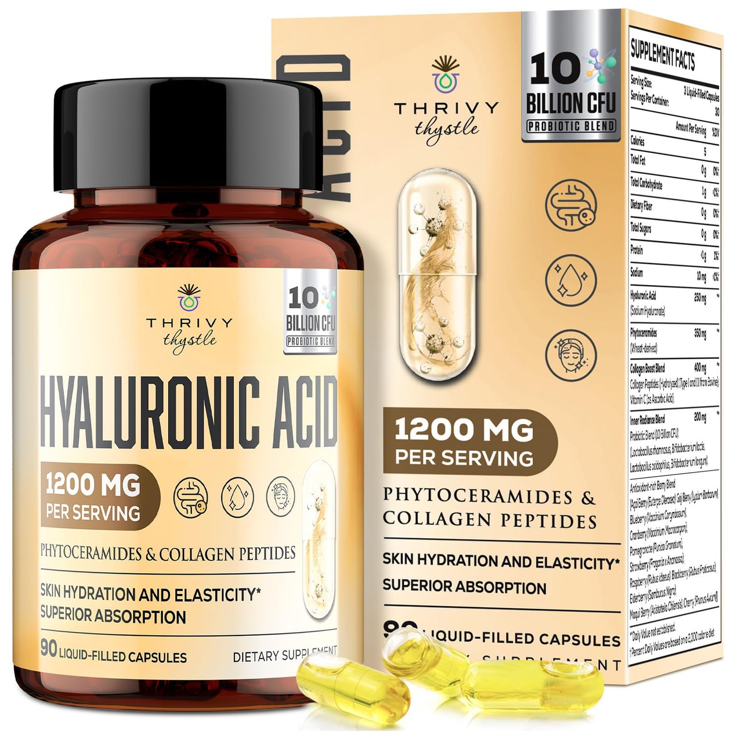 ThrivyThystle 19-in-1 Hyaluronic Acid Capsules - Hylunaric Acid 1200 mg, with Collagen Peptides, Vitamin C, Phytoceramides - for Skin, Eyes, Gastrointestinal, Bones Joint Lubrication (1 Pack)