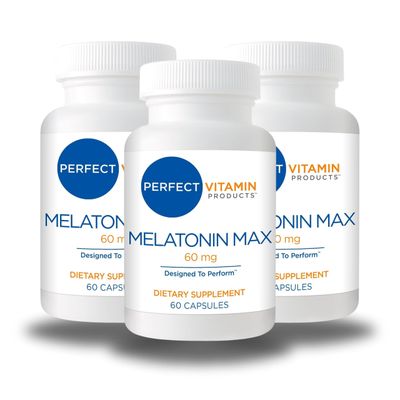 Perfect Vitamin Products 60mg Extra Strength Melatonin MAX - High Dosage Melatonin Ensures Amply Supply of This Important Hormone - 100 Drug-Free, Vegan, Non-GMO, Gluten-Free (3-Pack)