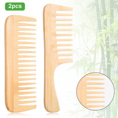 Gjinxi 2PCS Bamboo Wide Tooth Comb, Natural Bamboo Comb Set, Small Hair Brushes, Large Hair Detangling Comb, Wooden Curls Comb, Anti Static Big Tooth Wood Comb for All Hair Types,Travel Friendly