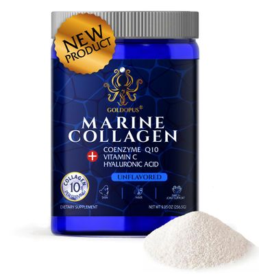 GOLDOPUS Marine Collagen Peptides Powder with Hyaluronic Acid, Coenzyme Q10, Vitamin C - Promote Firm Skin, Strong NailsHair, Healthy Joints - Hydrolyzed Collagen from Atlantic Cod - 10g per Serving