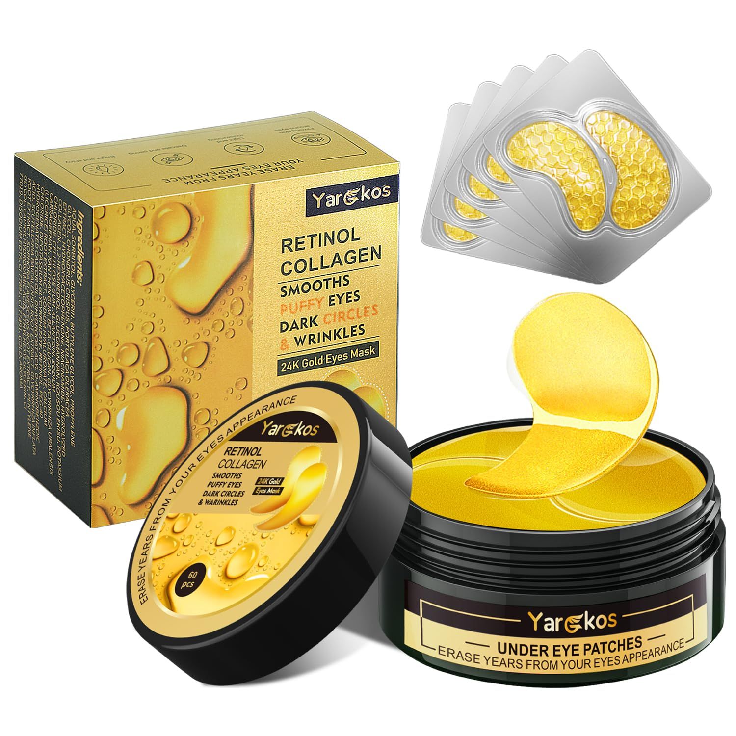 Yargkos 24K Gold Eye Mask 60Pcs, 5 Portable Golden Collagen Under Eye Patches, 30 Pairs Women Men Hydrating Undereye Gel Pads for Dark Circles Puffy Eyes Puffiness Wrinkle Eye Bag Treatment