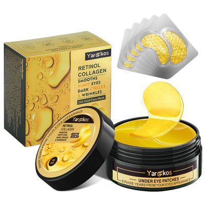 Yargkos 24K Gold Eye Mask 60Pcs, 5 Portable Golden Collagen Under Eye Patches, 30 Pairs Women Men Hydrating Undereye Gel Pads for Dark Circles Puffy Eyes Puffiness Wrinkle Eye Bag Treatment
