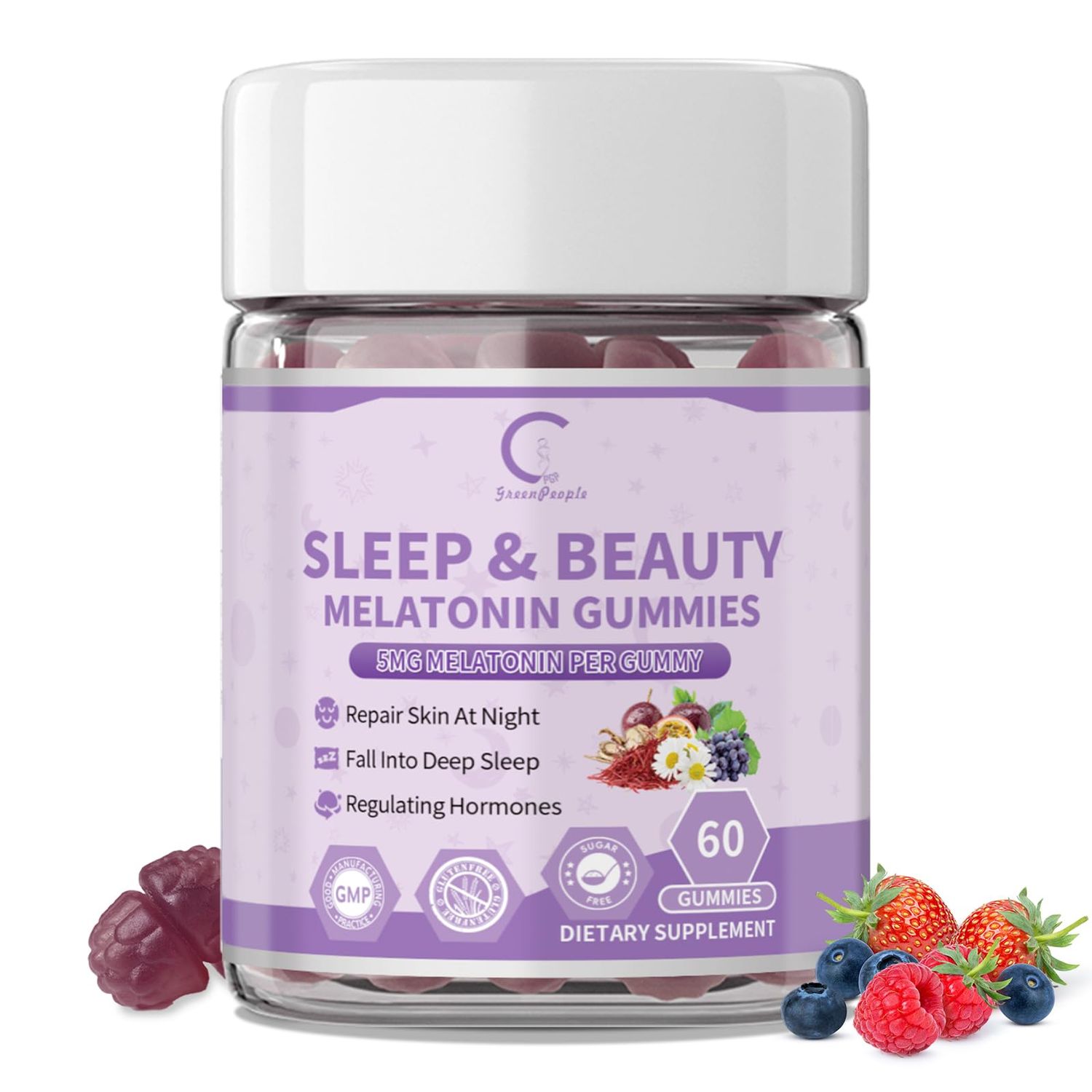 GPGP GreenPeople Melatonin 5Mg Gummies for Women, Sleep Aid Skin Health Support, with Ashwagandha, L-Theanine Collagen, Time Release Formula Mixed Berry Flavor, Non-GMO, 60-Day Supply