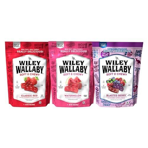 Wiley Wallaby Licorice 10 Ounce Classic Red, Watermelon, Blasted Berry Gourmet Australian Style Soft Chewy Licorice Candy Variety Pack Twists, 3 Pack