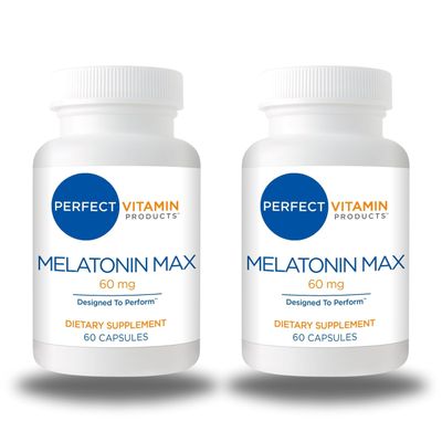 Perfect Vitamin Products 60mg Extra Strength Melatonin MAX - High Dosage Melatonin Ensures An Amply Supply of This Important Hormone - 100 Drug-Free, Vegan, Non-GMO, Gluten-Free (120 Capsules 2-Pack)