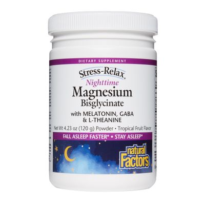 Natural Factors Stress-Relax Nighttime Magnesium Bisglycinate Powder with Melatonin, L-Theanine and Pharma GABA, Supports Sleep Relaxation, Tropical Flavor, 4.23 oz Powder