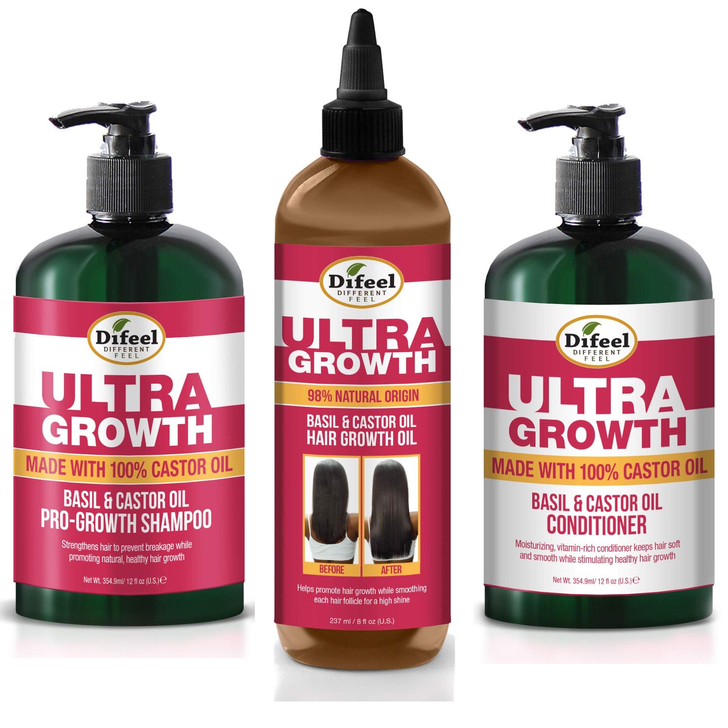 Difeel Ultra Growth 3-PC Set: Shampoo 12 oz, Conditioner 12 oz Hair Oil 8 oz