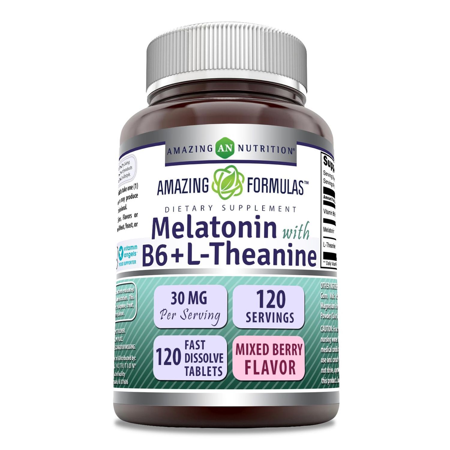 Amazing Formulas Melatonin with Vitamin B6 L-Theanine Supplement 30 Mg Per Serving Mixed Berry Flavor 120 Tablets Non-GMO Gluten Free Made in USA