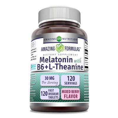 Amazing Formulas Melatonin with Vitamin B6 L-Theanine Supplement 30 Mg Per Serving Mixed Berry Flavor 120 Tablets Non-GMO Gluten Free Made in USA