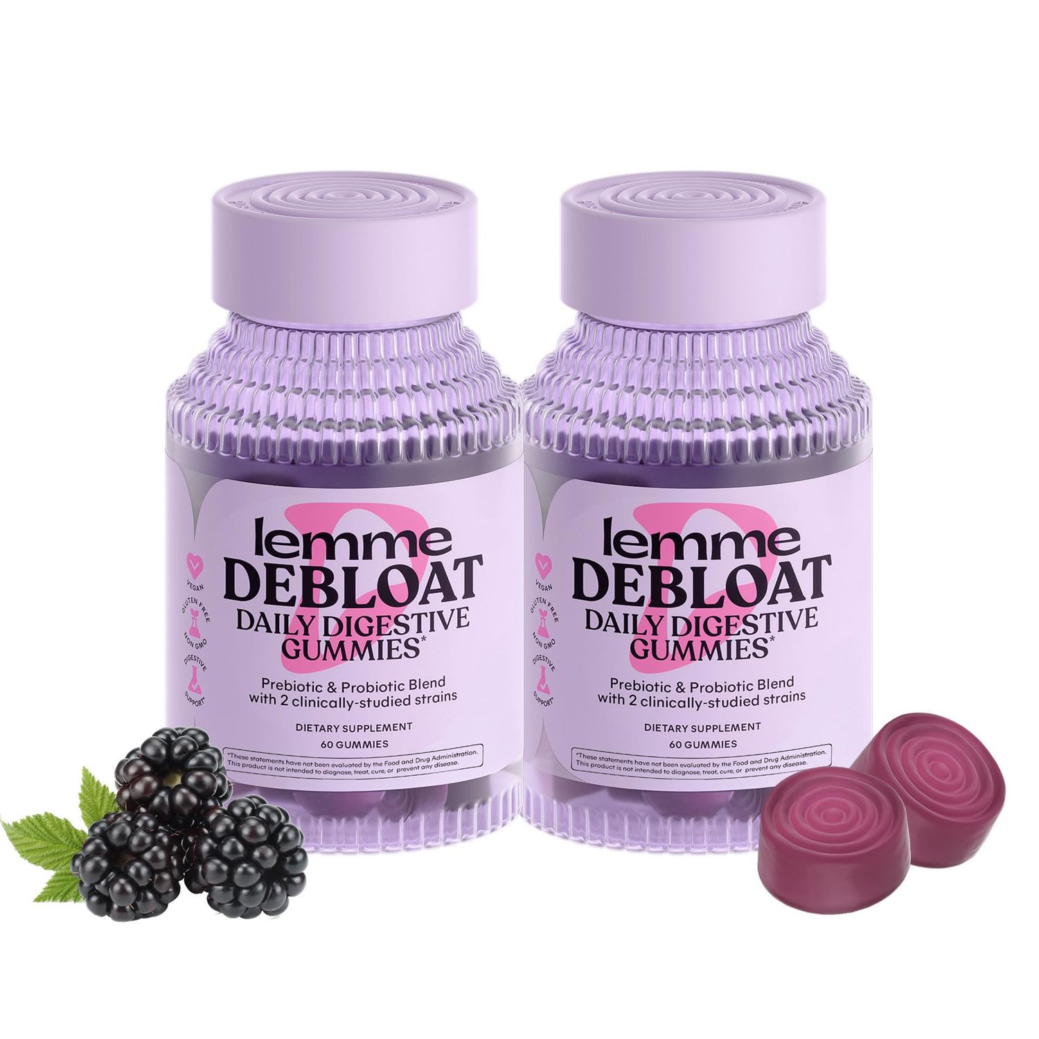 Lemme Debloat - Digestive Gut Health Gummies with 2 Clinically Studied Probiotics Prebiotic, 3 Billion CFUs - Vegetarian, Gluten Free, Non GMO, BlackBerry Flavor (60 Count) (Pack of 2)