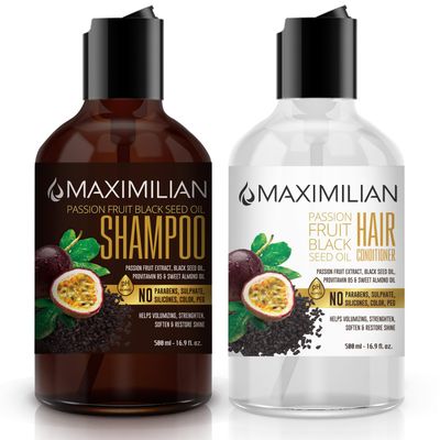Maximilian Passion Fruit Black Seed Oil Curly Hair Shampoo and Conditioner Set- Extra Volumizing, Strengthing, Moisturizing, Hydration and Shine - Sulfate Paraben Free - (2 x 16.9 Fl Oz 500mL)