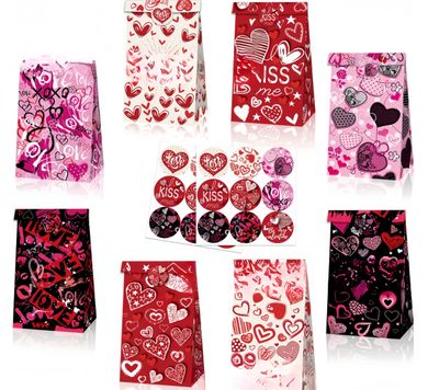 JXITON 12Pcs Candy Paper Bag with Heart Stickers,Candy Bag in 4 Design for Classroom Parties, wedding gift, Kids, Coworkers,Mother&#39;s Day treat