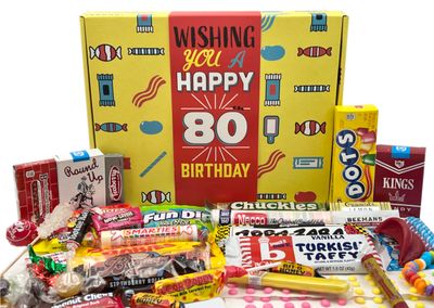 RETRO CANDY YUM 80th Birthday Gifts for Women Men - Classic 1945 Candy Pack for 80 Years Old Man, Woman - Assorted Retro Candy Basket Box for Mom, Dad, Grandpa, Grandma