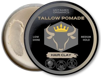 Untamed Organics Tallow Hair Clay Handmade Grass-Fed Grass-Finshed Tallow Hair Pomade All Natural Organic Styling Clay for Men Women Medium Hold Natural Finish 2 FL. oz.