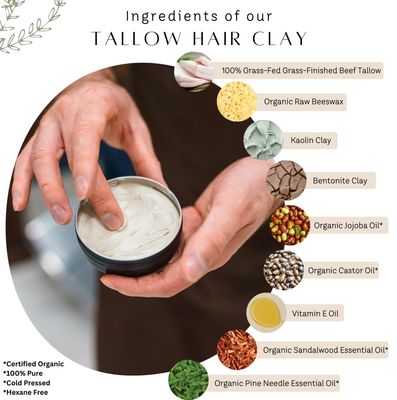 Untamed Organics Tallow Hair Clay Handmade Grass-Fed Grass-Finshed Tallow Hair Pomade All Natural Organic Styling Clay for Men Women Medium Hold Natural Finish 2 FL. oz.