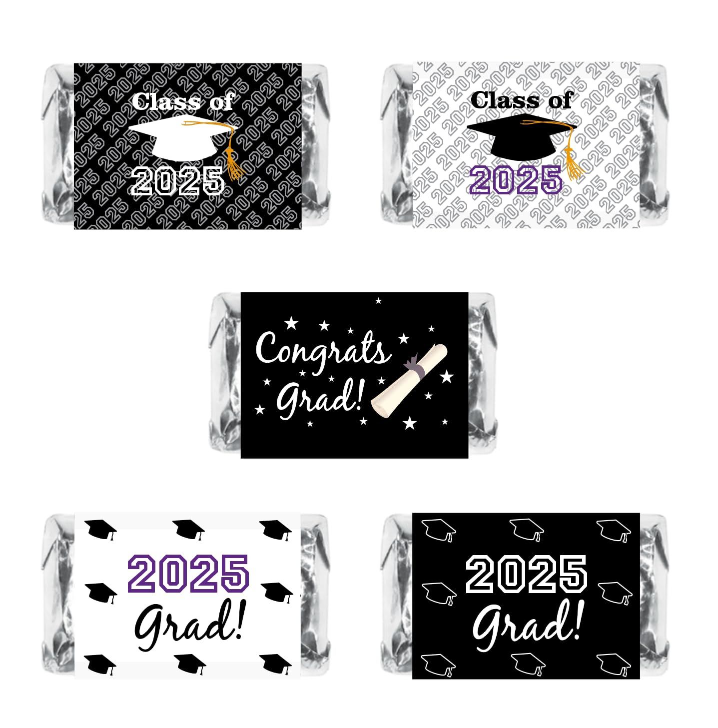 60 New Graduation Cap Party Class of 2025 Miniatures Candy Bar Wrapper, Mini Candy Chocolate Bar Stickers, Labels, Candy Not Included, Color Black. Made in USA