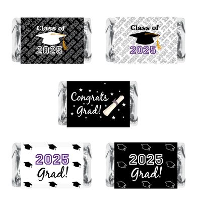 60 New Graduation Cap Party Class of 2025 Miniatures Candy Bar Wrapper, Mini Candy Chocolate Bar Stickers, Labels, Candy Not Included, Color Black. Made in USA
