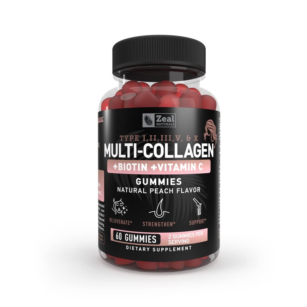 Multi Collagen Peptide Gummies (1, 2, 3, 5 10) Vitamin C Biotin Hyaluronic Acid Supports Healthy Hair, Skin, and Nails Non-GMO and Gluten-Free Natural Peach Flavor 60 Gummies
