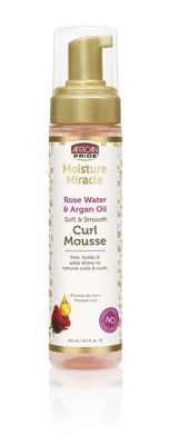 African Pride Moisture Miracle Rose Water Argan Oil Curl Hair Mousse, Flexible Hold, Enhances Curls, Creates Wave Patterns, No Residue, Deep Moisture, Adds Shine, Strengthens Protects Hair, 8.5 oz