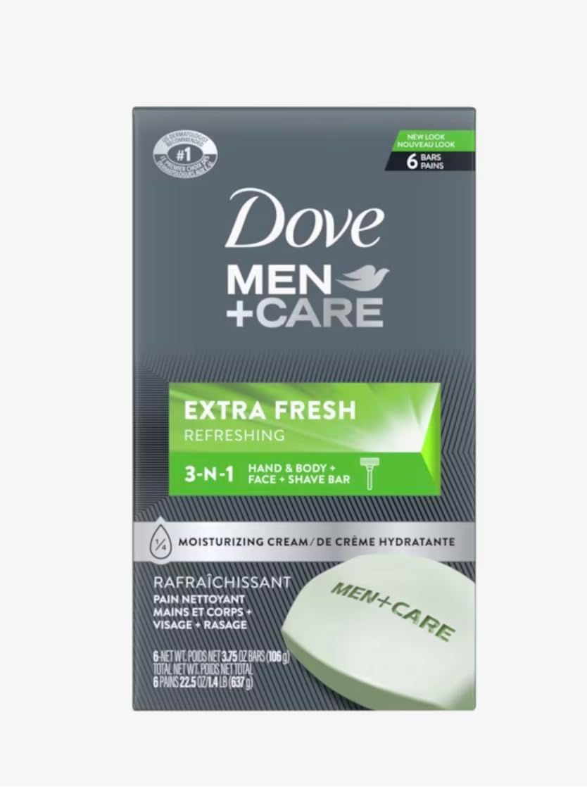 Dove MenCare 3 in 1 Bar for Body, Face, and Shaving to Clean and Hydrate Skin Extra Fresh Body and Facial Cleanser More Moisturizing Than Bar Soap 3.75 oz 6 Bars