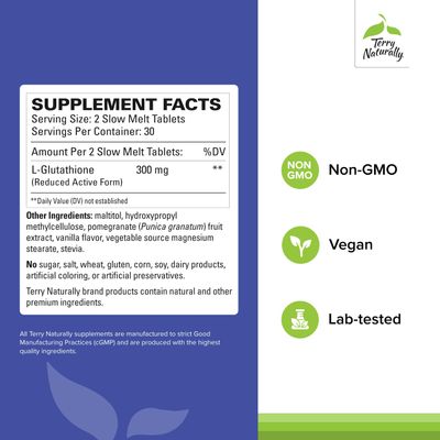 Terry Naturally Clinical Glutathione - Antioxidant Supplement for High Absorption - Dietary Supplement with L-Glutathione - Vegan Supplement to Support Cell Health - 60 Slow Melt Tablets