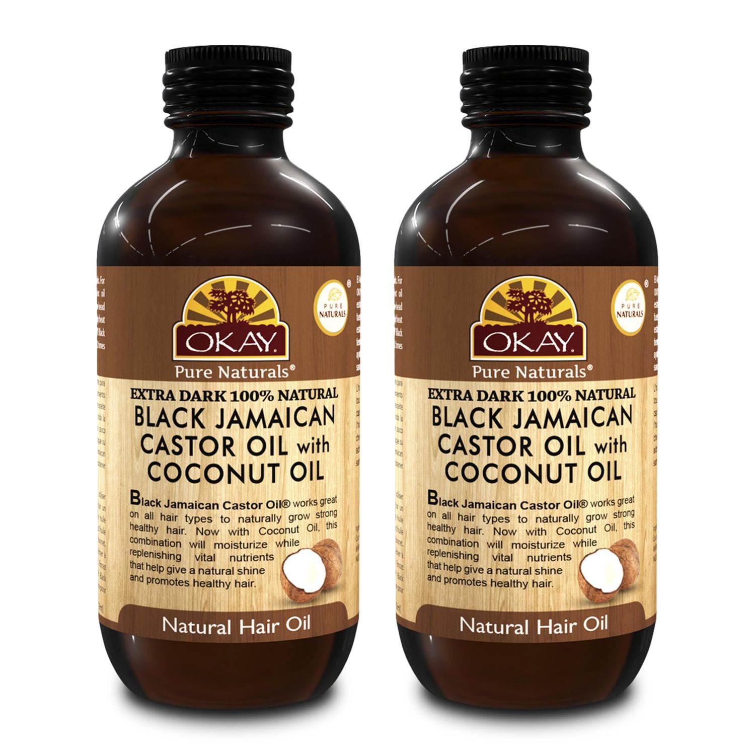 Okay Pure Naturals 100 Pure Black Jamaican Castor Oil with Coconut Oil - Castor Oil for Hair Growth for Men Women, Moisture for Skin, Scalp, Eyelashes, Eyebrows - 4 oz Glass Bottle (2 Pack)