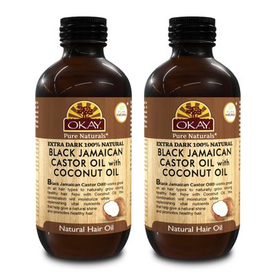 Okay Pure Naturals 100 Pure Black Jamaican Castor Oil with Coconut Oil - Castor Oil for Hair Growth for Men Women, Moisture for Skin, Scalp, Eyelashes, Eyebrows - 4 oz Glass Bottle (2 Pack)