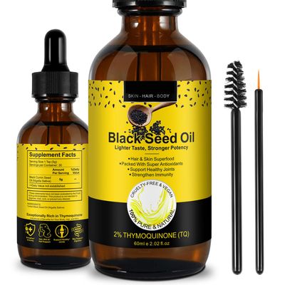 EQEIYICS Pure Black Seed Oil,100 Virgin Black Seed Oil Organic Cold Pressed Glass Bottle,Blackseed Oil Liquid for Hair Growth,3X Thymoquinone,Antioxidant for Immune Support,Joints,Skin Hair,60ml