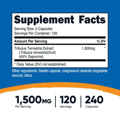 Nutricost Tribulus Terrestris Extract 1500mg, 240 Capsules - 45 Saponins, 120 Servings, Non-GMO, Gluten Free