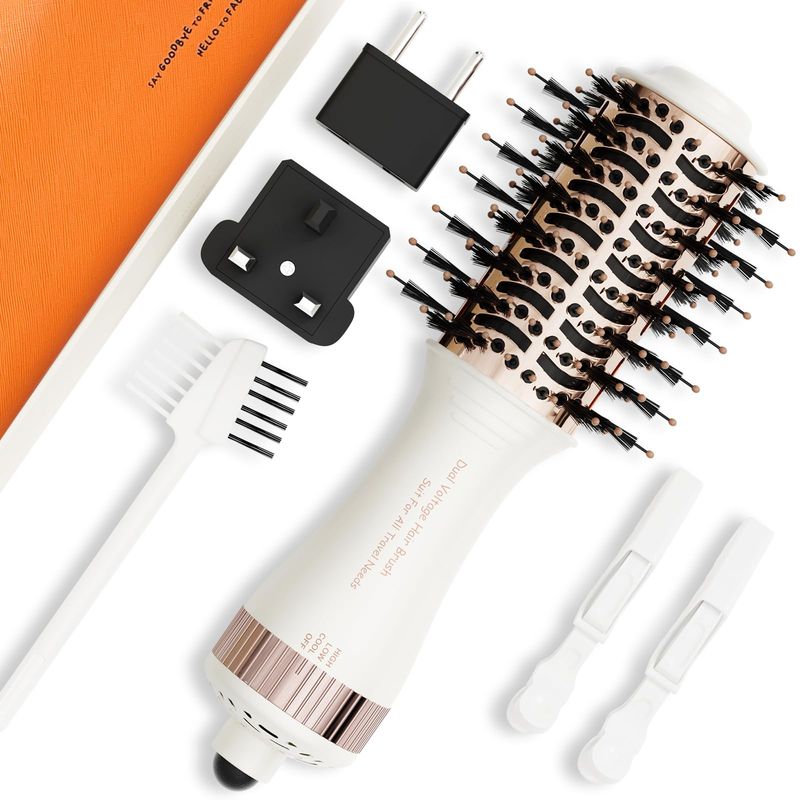 4-in-1 Travel Dual Voltage Hair Dryer Brush Blow Dryer Brush,Portable 2 inch Mini Hot Air Brush,Travel Hair StylerVolumizerStraightenerCurler,110-240V European Blow Dry Brush with EUUK Plug