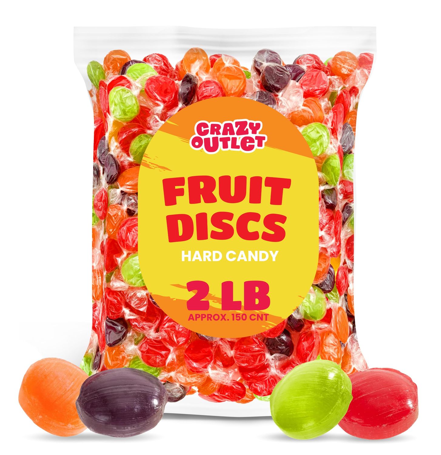 Fruit Discs Hard Candy - 2 Pound Bulk Pack - Individually Wrapped (About 150 Count) - Strawberries, Grapes, Green Apples, and Pineapples Assorted Flavors