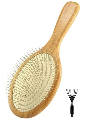 Wooden Paddle Detangling Brush Metal Bristle Hair Brush for Women and Men, Anti-frizz Styling Hairbrush Comb for Curly Fine Wavy Normal Hair, Scalp Massage Brush, Wet or Dry Use