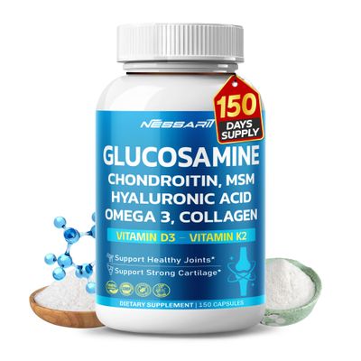 NESSARIT Glucosamine Supplement- 15-in-1 Natural Blend with Chondroitin sulfate Hyaluronic Acid Methylsulfonylmethane Turmeric Ginger Vitamin C, D3-150 Count - Made Tested in The USA
