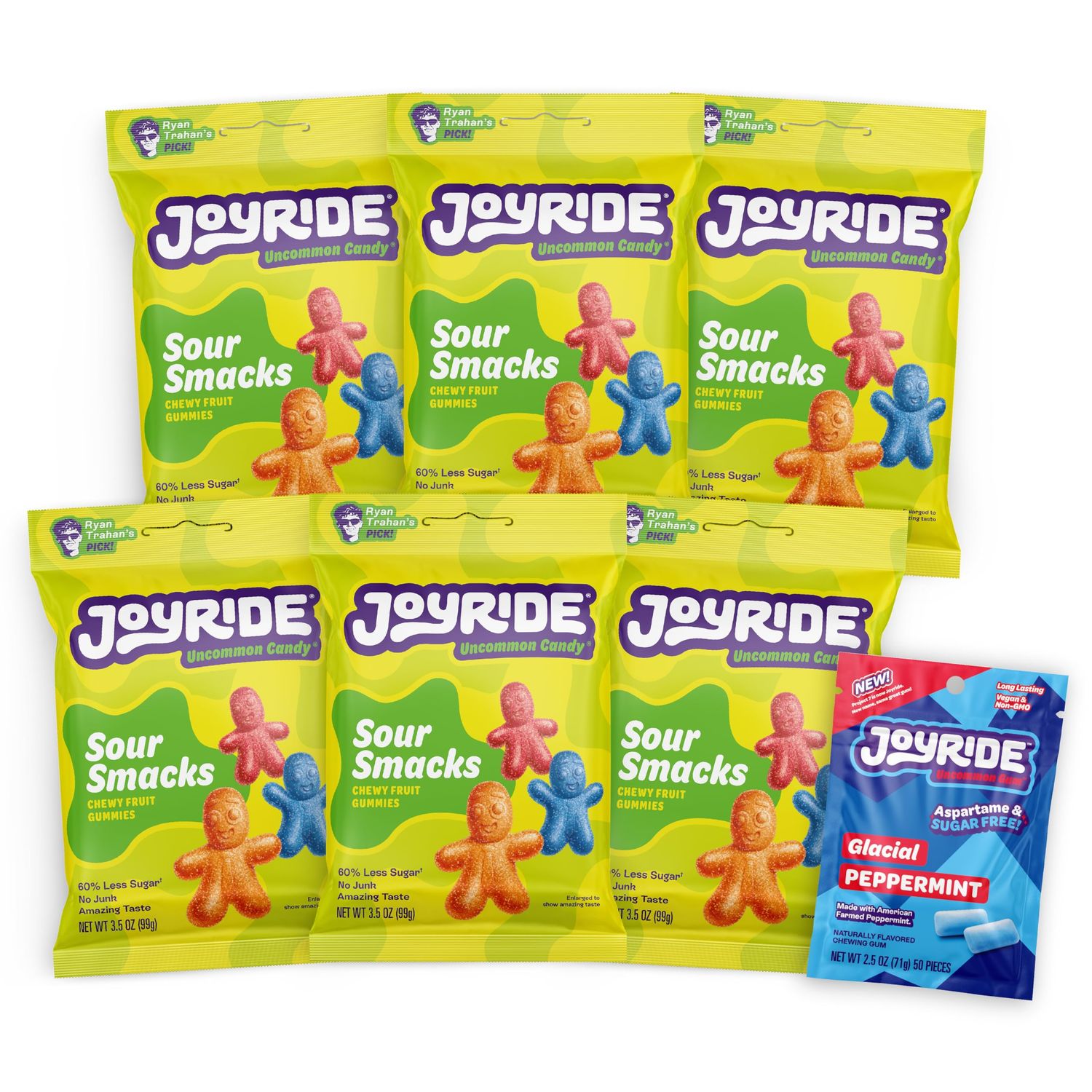 JOYRIDE Sour Smacks - 3.5 oz 6-Pack Bundle with 2.5oz Glacial Peppermint Gum, Low Sugar, Low Calorie Snacks, Dye Free and Plant Based Candy (7 Items)