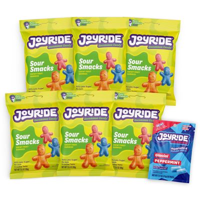 JOYRIDE Sour Smacks - 3.5 oz 6-Pack Bundle with 2.5oz Glacial Peppermint Gum, Low Sugar, Low Calorie Snacks, Dye Free and Plant Based Candy (7 Items)