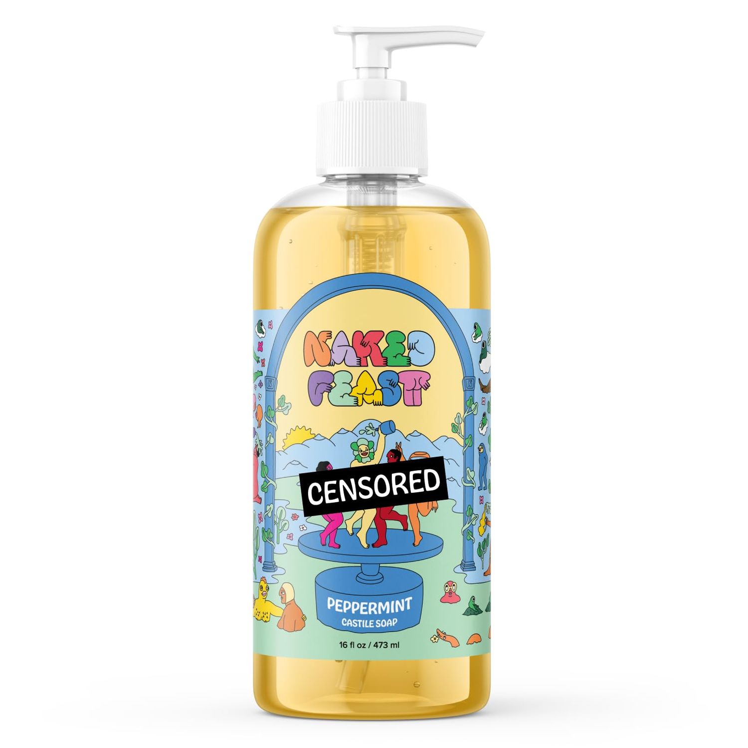 Naked Feast Peppermint Soap, Pure Castile Soap Liquid, Olive Oil Based, Organic, Vegan, Natural Bath Body Wash and Hand Soap Gel Cleaner - 16 oz
