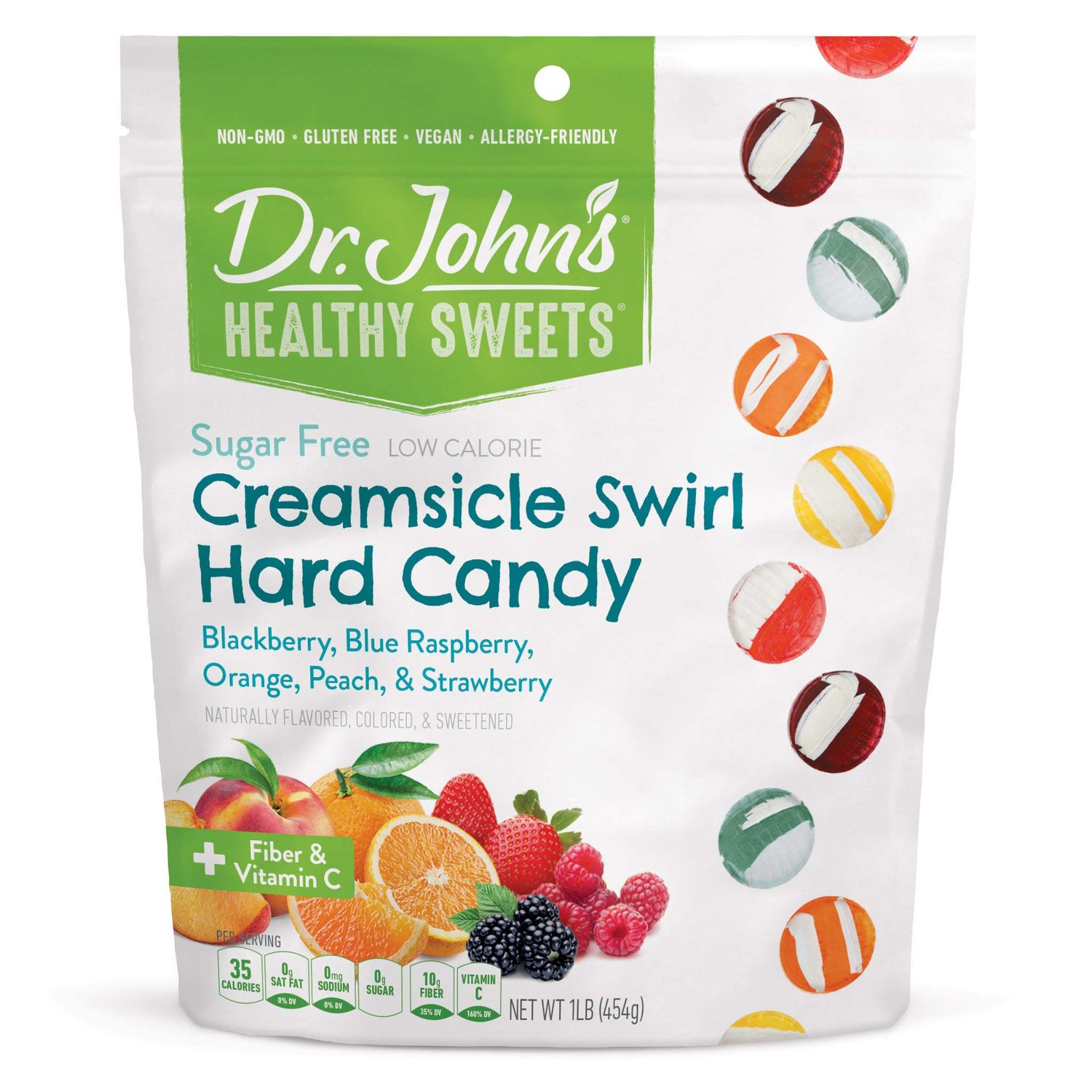Dr. Johns Sugar Free Candy, Healthy Hard Candy with Zero Sugar, Low Calorie Snacks, Keto Friendly, Vegan, Gluten Free, Creamsicle Swirl, 100 Count, 1 LB
