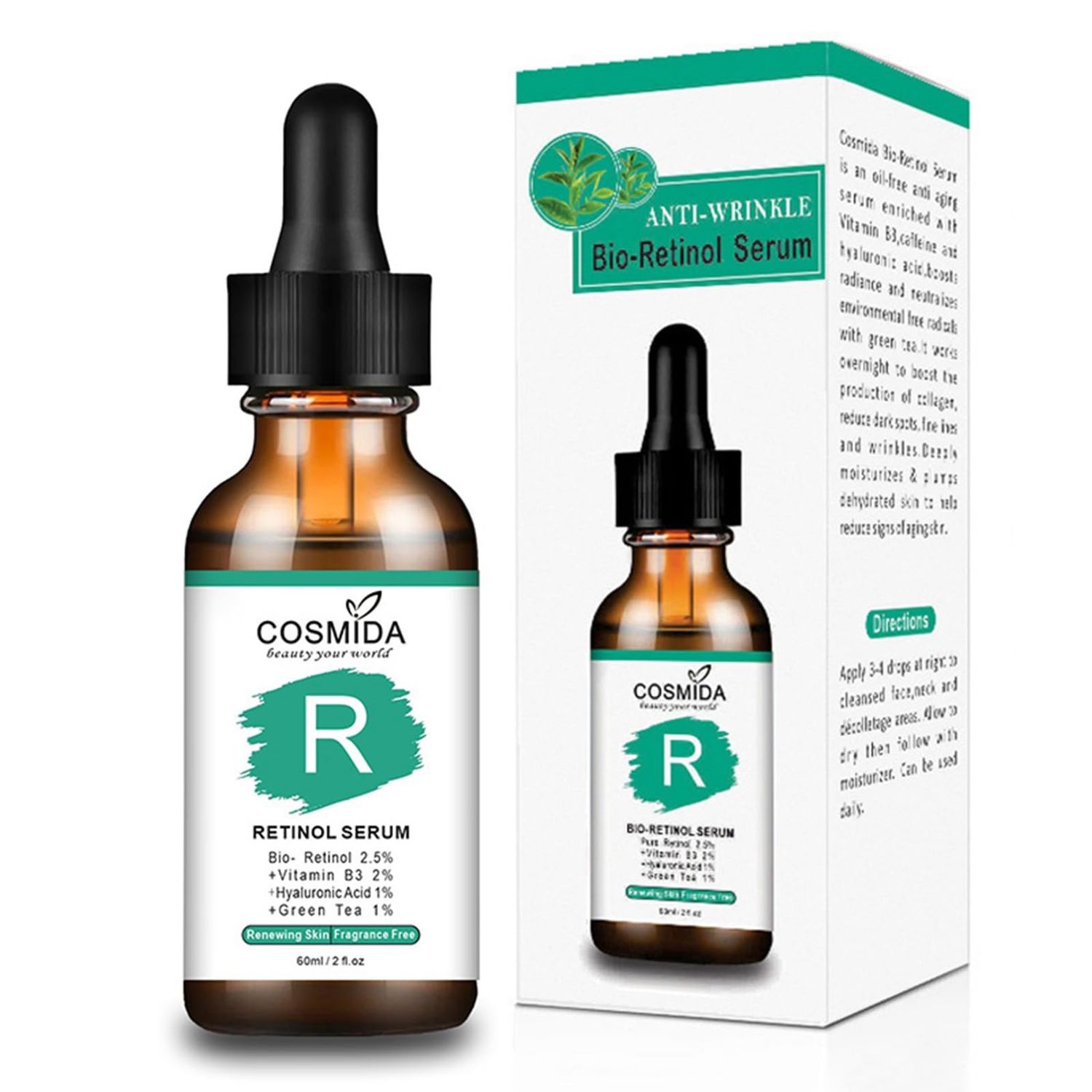 Cosmida Retinol Serum for Face with Vitamin B3 Hyaluronic Acid,Boost Collagen Facial Serum Anti Wrinkles Fine Lines and Younger-looking Skin,Korean Skin care nighttime Serum for women men 2fl.oz