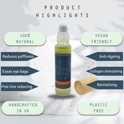 The Ilex Wood - Revitalising Eye Serum. An all-natural vegan anti-ageing serum with Cacay Oil, Green Coffee Arabica Oil, Frankincense, Eucalyptus, Thyme, Bergamot Orange - 10ml (0.34 fl oz)