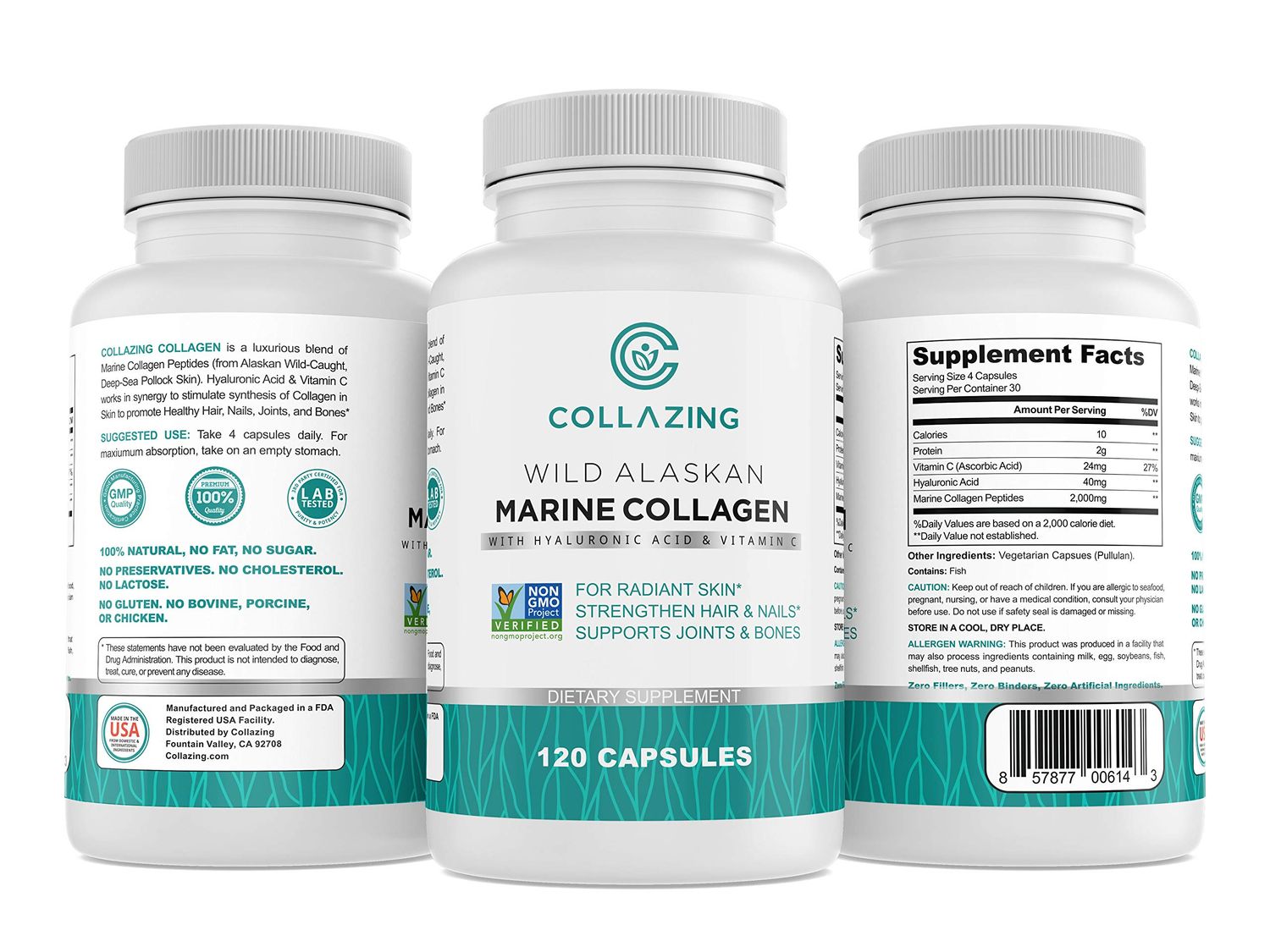 C COLLAZING - Alaskan Wild-Caught Marine Collagen Peptides with Hyaluronic Acid Vitamin C - Supports Skin, Hair, Nails, Joints Bones - Type 1 3 Collagen for Women Men - 120 Powder Capsules