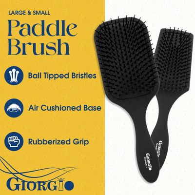 Giorgio Hair Brush Set - Black Paddle Brush with Tourmaline Ball Tip Bristles for Women, Men, Wet or Dry, Long, Thick, or Curly Hair