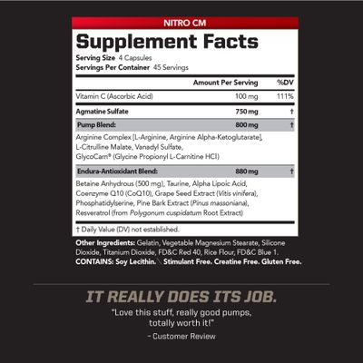 PMD Sports Nitro CM Nitric Oxide with Agmatine Pre Workout Supplement - Muscle Growth and Muscle Pump with L Arginine - Endurance Boost for Hardcore Training and Bodybuilding Preworkout (180 Capsules)