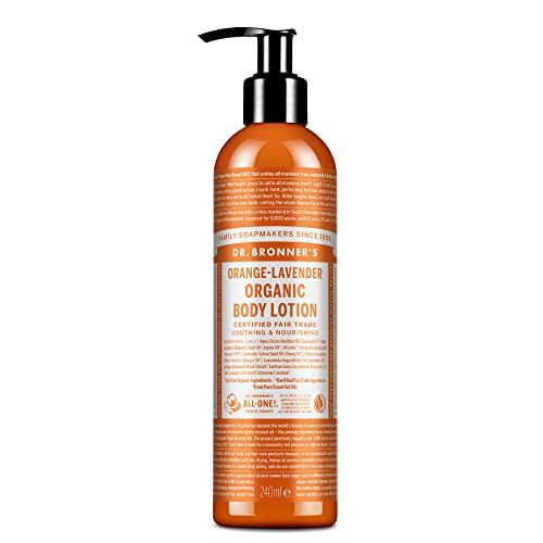 Dr. Bronner&#39;s 3-in-1 Orange Lavender Organic Hand and Body Lotion, Made with Organic Oils, Used for Hands, Face and Body, Certified Fair Trade Vegan Friendly, 236ml Recycled Bottle