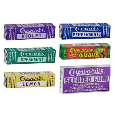 Choward&#39;s Mints Candy and Gum Variety Pack Violet, Spearmint, Peppermint, Guava, Lemon, and Scented Gum Bold Aromatic Flavors Perfect for Lunchboxes, Travel, Sharing, and Gifting Pack of 6