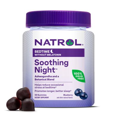 Natrol Soothing Night Sleep Gummies, Bedtime Without Melatonin for Adults, 50 Blueberry-Flavored Sleep Gummies, 25-Day Supply