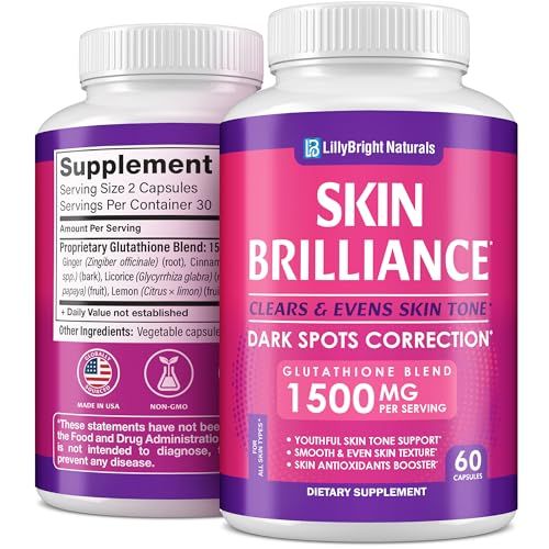 LB LILLYBRIGHT NATURALS Glutathione Capsules - 1,500mcg L-Glutathione Supplement with Vitamin C - Skin Tone Enhancer - Targets Dark Spots Acne Marks - Potent Antioxidant - 60 Skin Pills