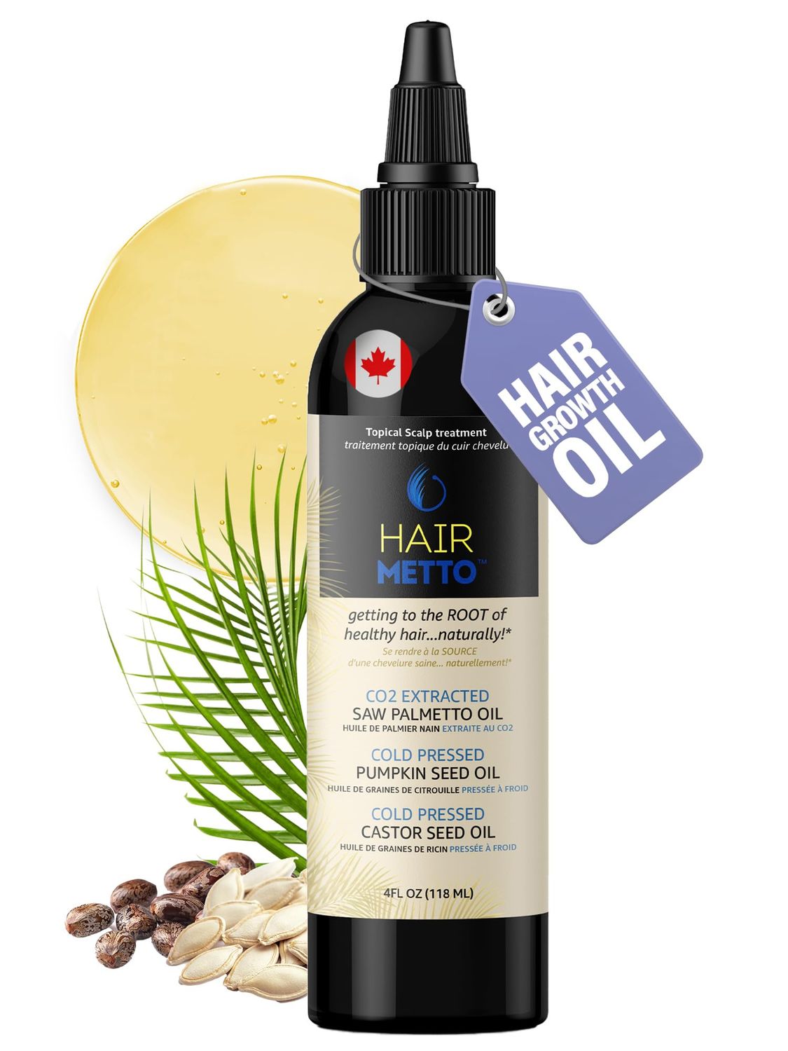 HAIRMETTO Topical Saw Palmetto and Pumpkin Seed Oil Extract for Hair Loss, Strengthens Hair Roots, Soothes Dry Scalp, with Rosemary, Castor Oil, and Lavender Scent, 4oz Bottle