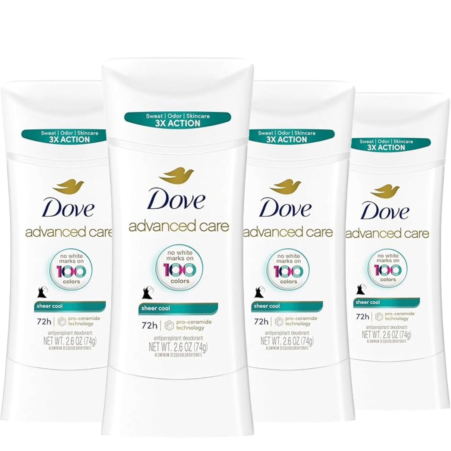 Dove Advanced Care Antiperspirant Deodorant Stick Sheer Cool for Soft, Resilient Skin Sweat Odor Protection, 2.6 oz (Pack Of 4)