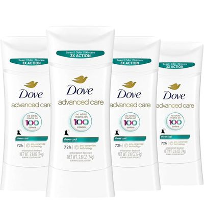 Dove Advanced Care Antiperspirant Deodorant Stick Sheer Cool for Soft, Resilient Skin Sweat Odor Protection, 2.6 oz (Pack Of 4)