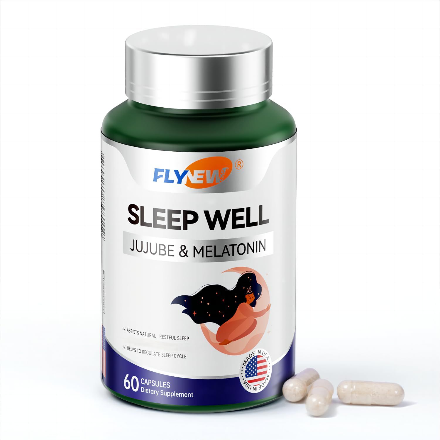 Flynew Sleep Well, Jujube Melatonin Sleep Supplement Made in USA, 60 Capsules Sleep Aid for Adults, Melatonin, L-Theanine, Jujube Passion Fruit Extract